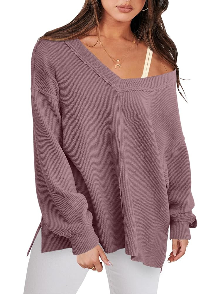 ANRABESS Oversized Long Sleeve Shirts for Women Off the Shoulder Sweatshirt Loose V Neck Tunic To... | Amazon (US)