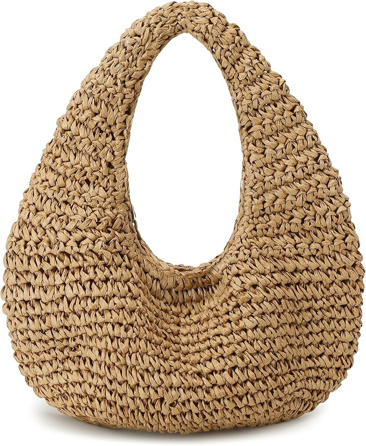 Women's Small Handmade Woven Straw Summer Beach Crescent Hobo Tote Bag | Amazon (US)