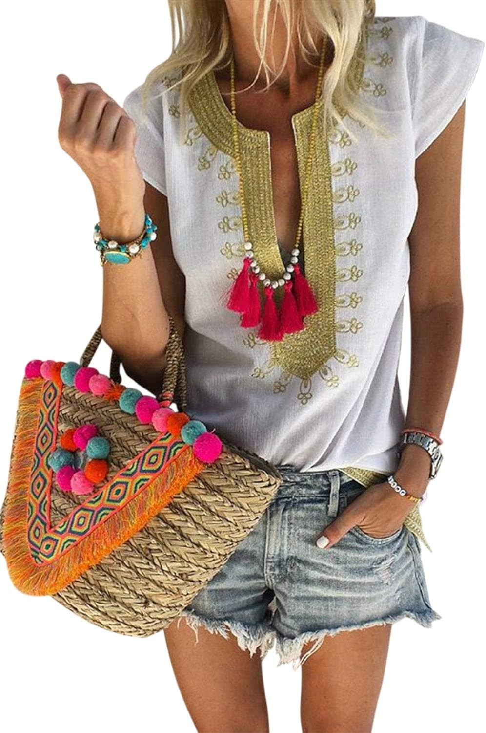 FARYSAYS Women's Casual Boho Embroidered V Neck Short Sleeve Shirts Loose Blouse Tops | Amazon (US)