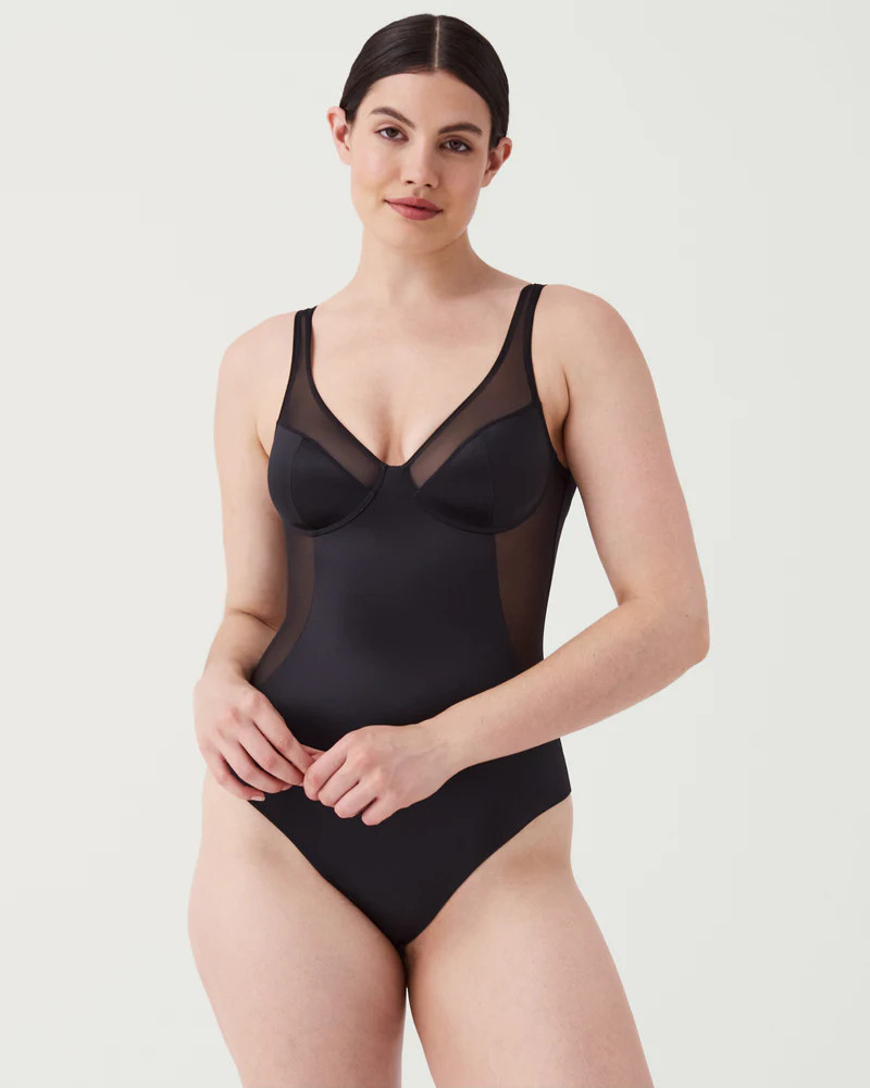 Satin Shaping Mesh Thong Bodysuit | Spanx