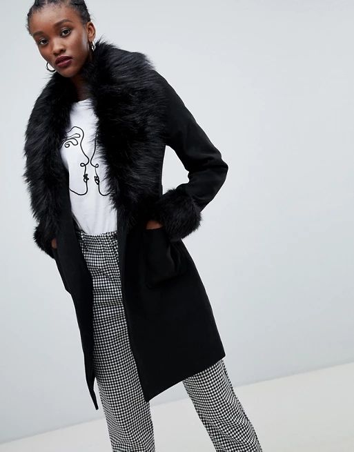 New Look Faux Fur Trim Coat | ASOS US