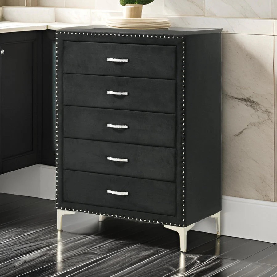 Moha 50 Inch Tall Dresser Chest, 5 Drawers, Metal Handles, Black Velvet | Shop Simon