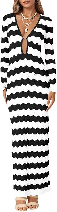 Saodimallsu Womens Crochet Summer Maxi Dress Striped Sexy Cut Out V Neck Long Sleeve Knit Cover U... | Amazon (US)