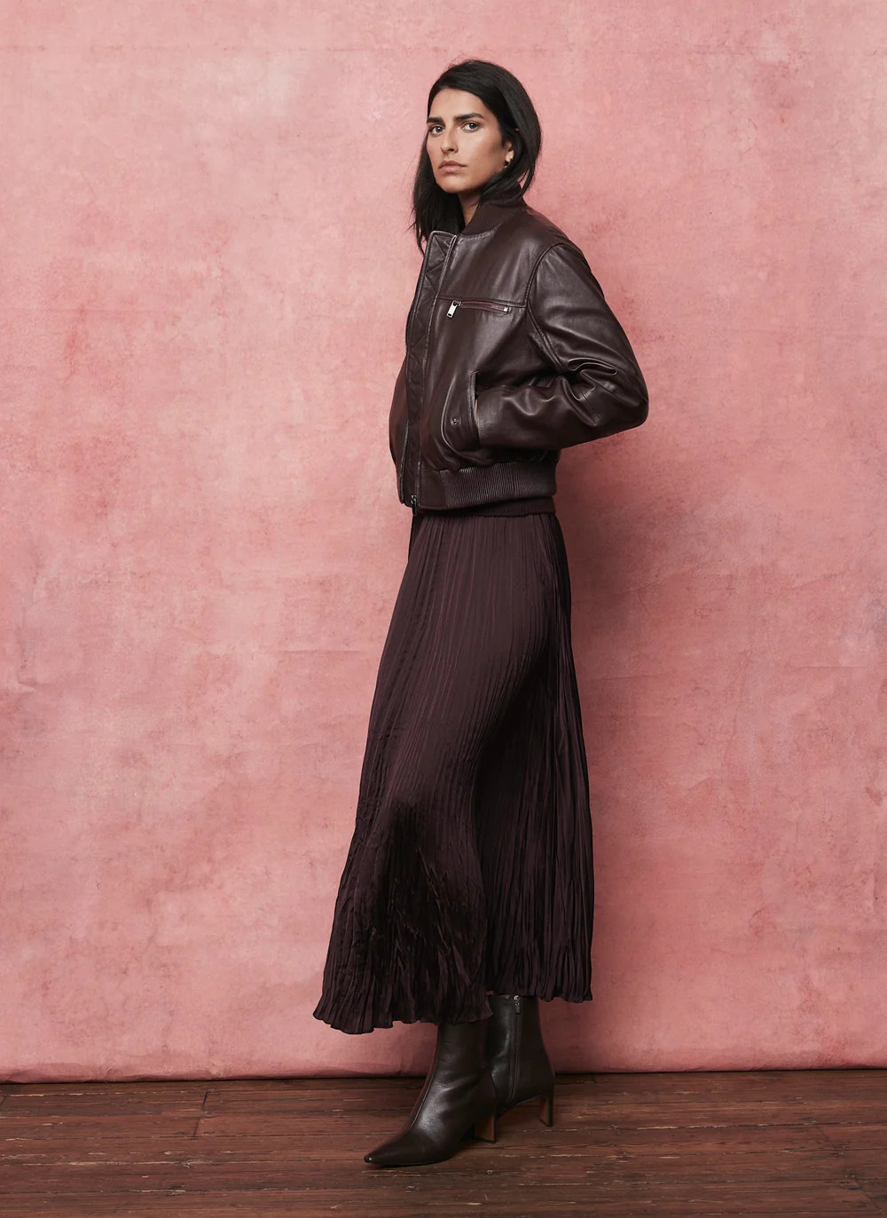 Burgundy Leather Bomber Jacket | Mint Velvet