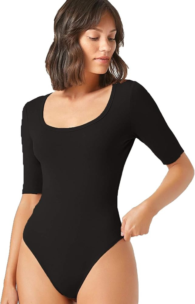 Verdusa Women's Basic Short Sleeve Scoop Neck Jumpsuits Leotard Bodysuit Shirts | Amazon (US)