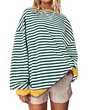 UEU Women Oversized Striped Crewneck Sweatshirt Long Sleeve Color Block Pullover Tops Casual Loos... | Amazon (US)