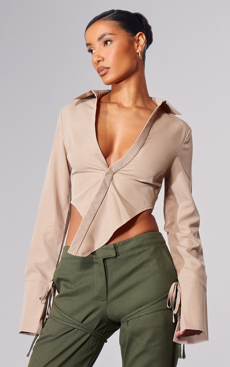 Plt Label Taupe Asymmetric Hem Shirt | Tops | PrettyLittleThing UK