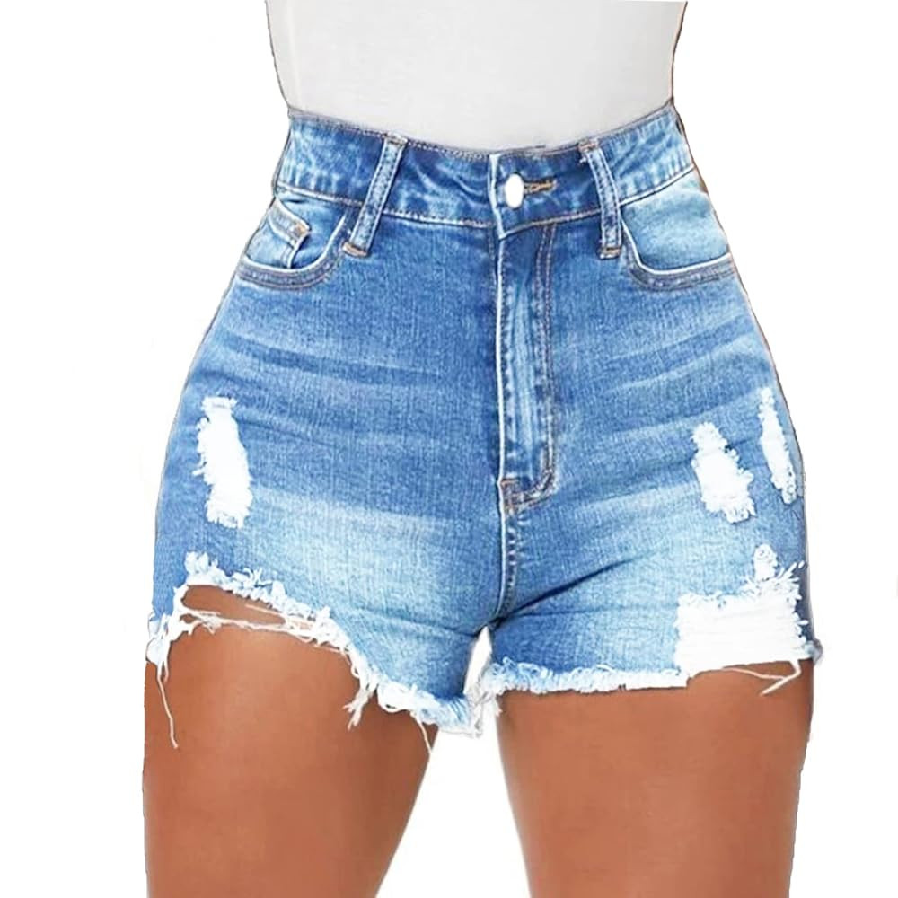 Women High Waisted Skinny Stretchy Denim Shorts Casual Summer Frayed Raw Hem Distressed Ripped Sh... | Amazon (US)