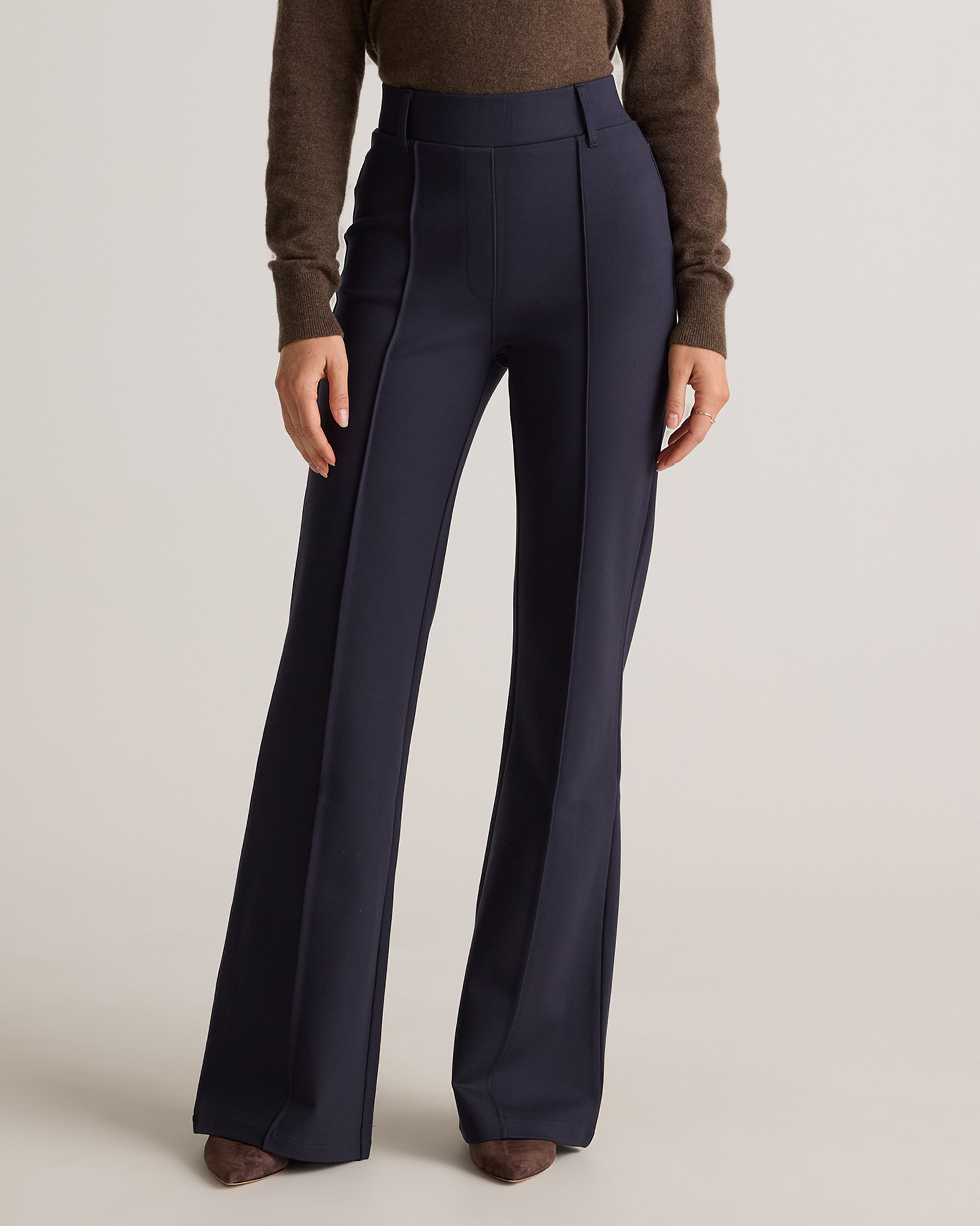 Quince | Women's Ultra-Stretch Ponte Flare Leg Pants in Navy, Size Medium, Rayon | Quince
