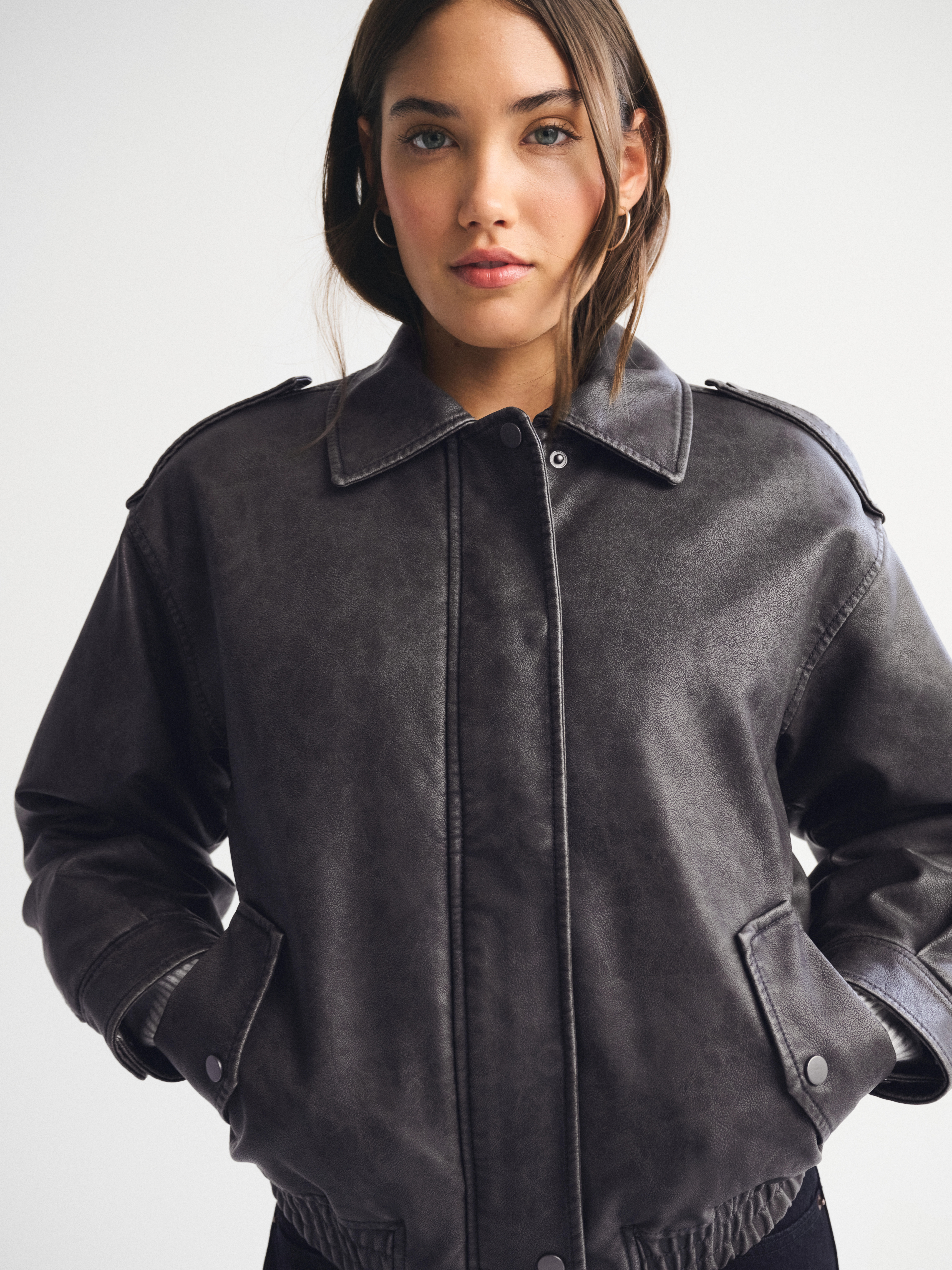 Vegan Leather Distressed Bomber Jacket | Abercrombie & Fitch (US)