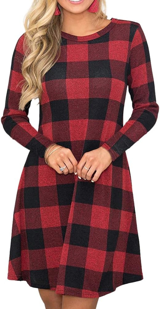 MIROL Women's Long Sleeve Black And Red Plaid Dress Gingham Dress Long Sleeve Red Dress Amazon | Amazon (US)