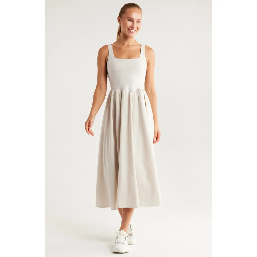 Zella Effortless Square Neck Midi Dress in Grey Moonbeam at Nordstrom Rack, Size Medium | Nordstrom Rack