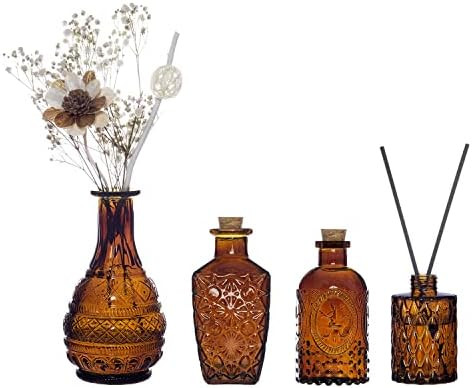 MyGift Vintage Embossed Amber Glass Decorative Reed Diffusers with Cork Lids, Small Apothecary St... | Amazon (US)