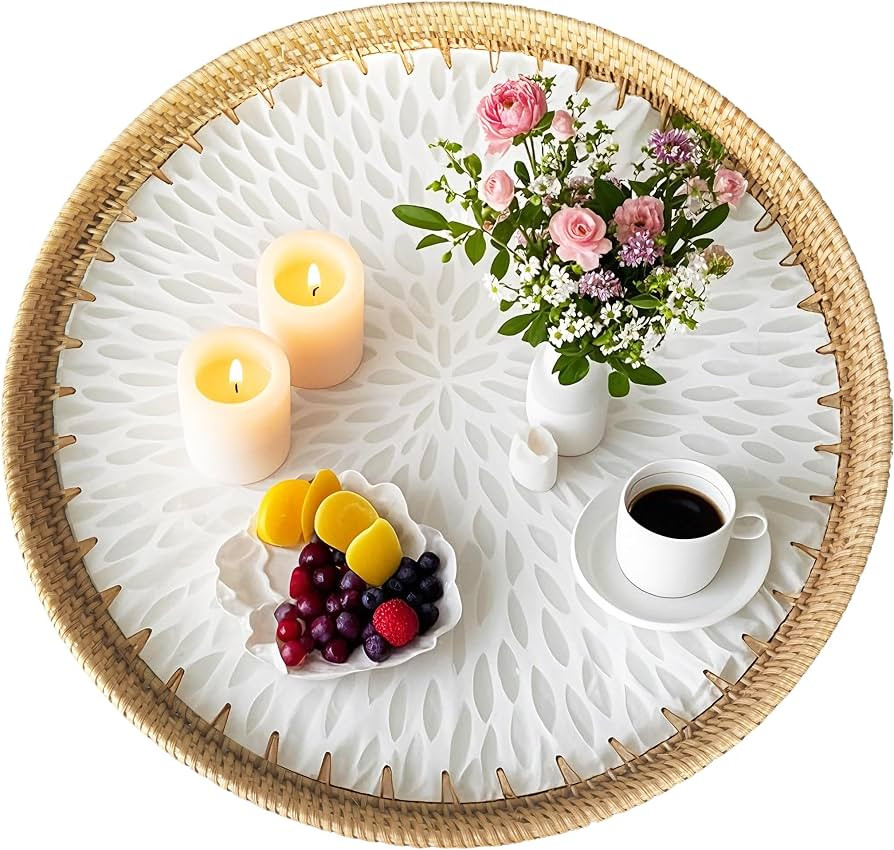 i-lan 18" Round Large White Mother of Pearl and Natural Rattan Decorative Serving Platter,Rattan ... | Amazon (US)