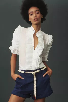 Sunday in Brooklyn Short-Sleeve Ruffle-Front Buttondown Shirt | Anthropologie (US)