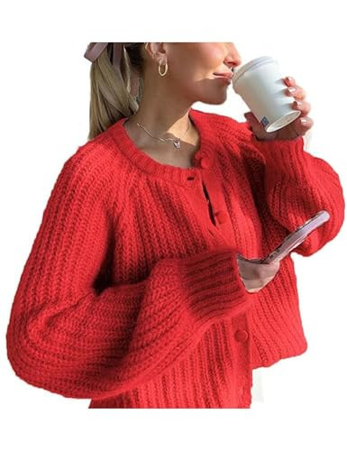 Esmeling Women’s Long Sleeve Crewneck Sweater Cardigans Fall Casual Solid Chunky Knit Coat (1019-Red-M) | Amazon (US)