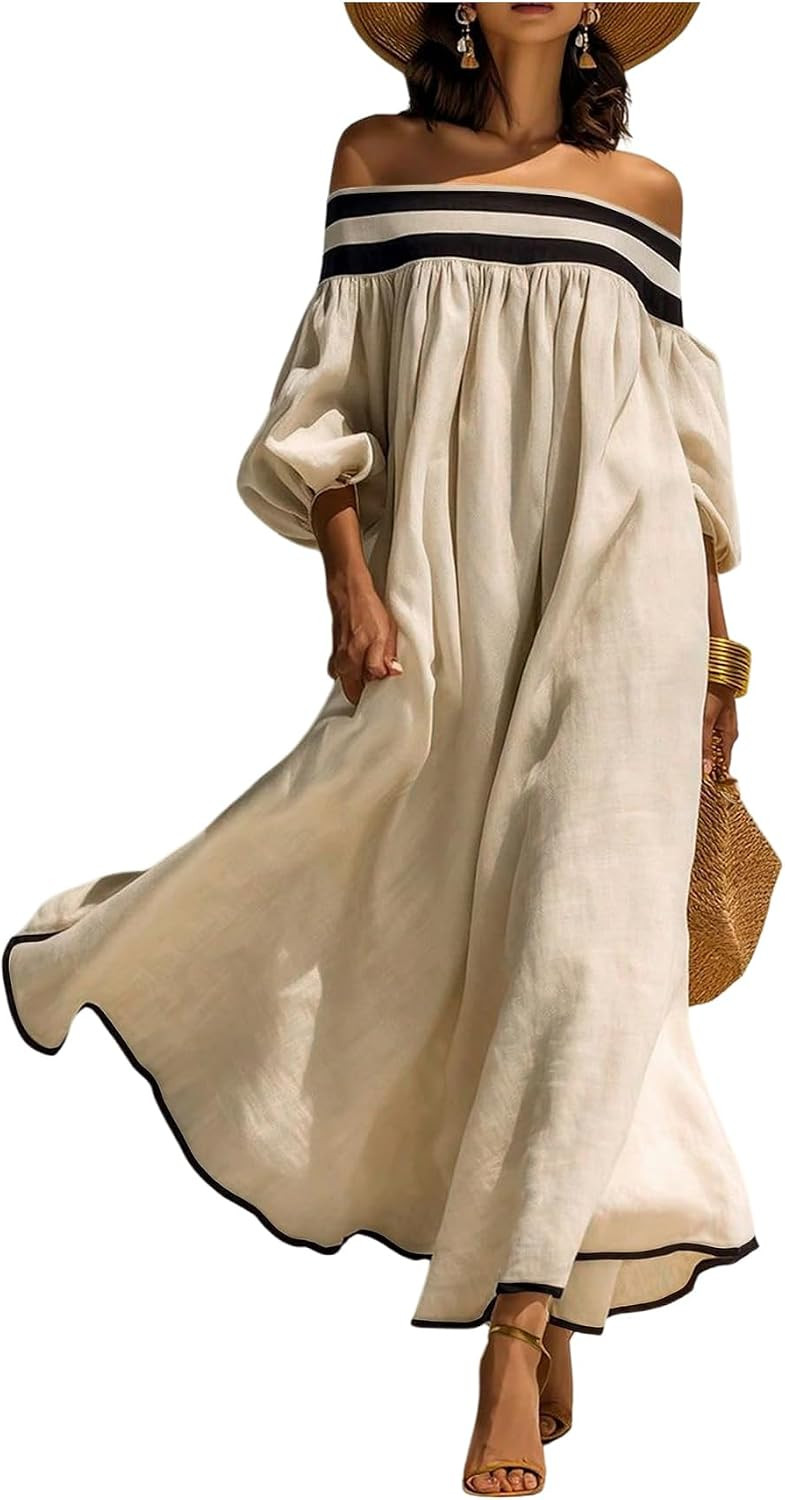OYOANGLE Women's Off the Shoulder Dresses Balloon Sleeve Flowy Maxi Dress | Amazon (US)