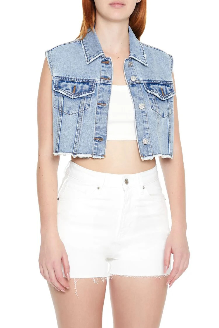 Women's Cropped Boxy Denim Vest in Medium Denim | Forever 21