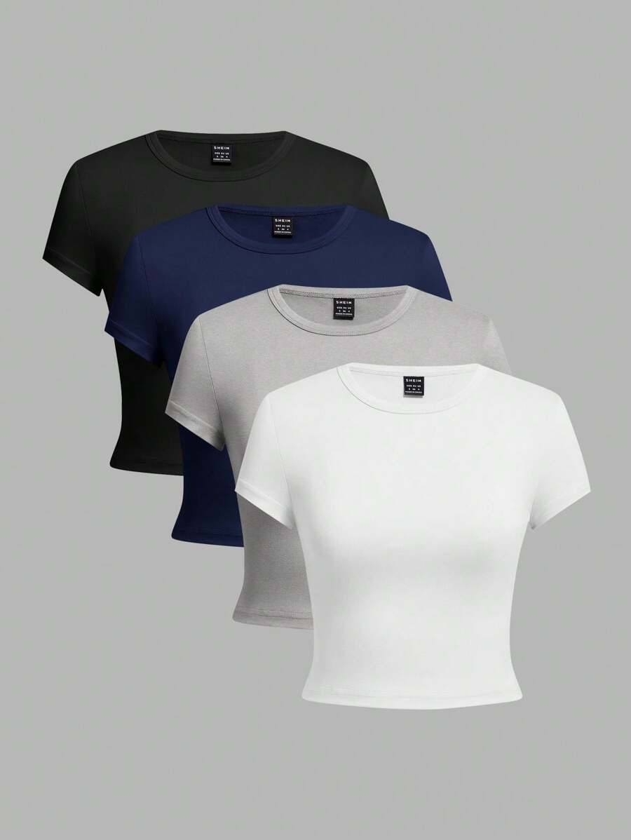SHEIN EZwear 4pcs/Set Women Casual Round Neck Regular Shoulder Short Sleeve Form-Fitting T-Shirts, Suitable For Summer Suitable For Going Out | SHEIN