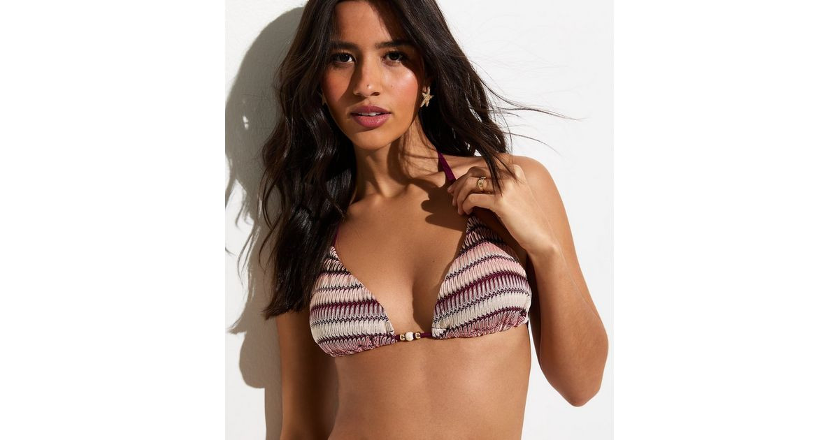Dark Pink Striped Crochet Triangle Bikini Top | New Look | New Look (UK)