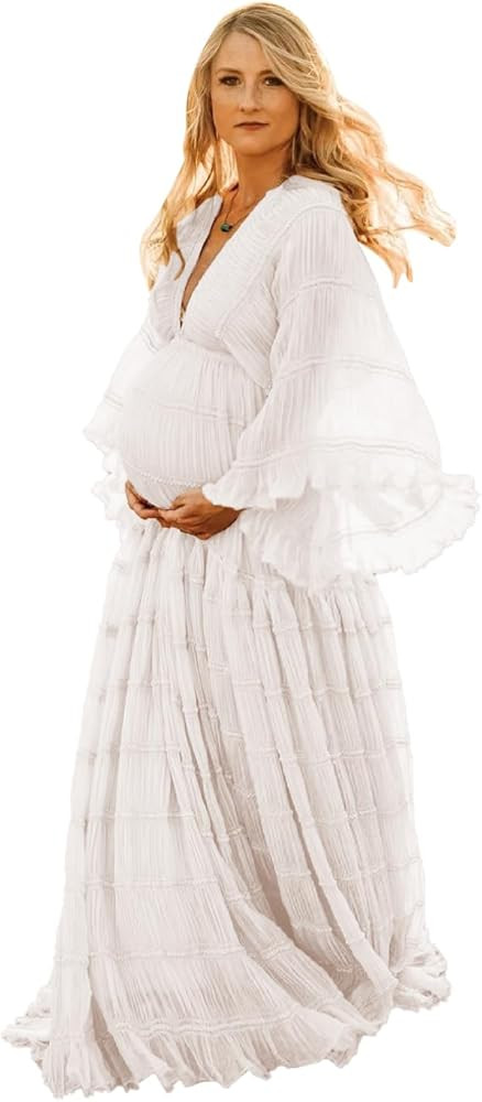 Tulle Maternity Robe for Photoshoot V Neck Long Sleeve Pregnancy Baby Shower Puffy Slit Ruffle Br... | Amazon (US)
