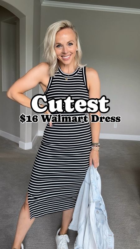Cutest $16 walmart dress! It comes in two other colors and fits TTS! Perfect for everyday. Denim jacket, shoes and sunglasses are all linked too! 

#LTKVideo #LTKFindsUnder50 #LTKStyleTip