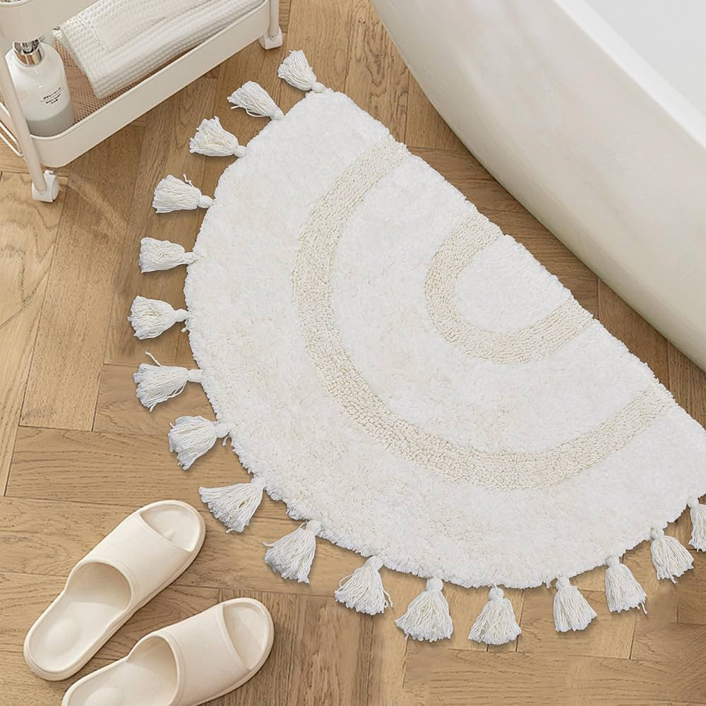 Boho Bathroom Rugs with Tassels Hand Woven Cotton Mat Half Circle Bath Mat Non-Slip Bath Mat for ... | Amazon (US)