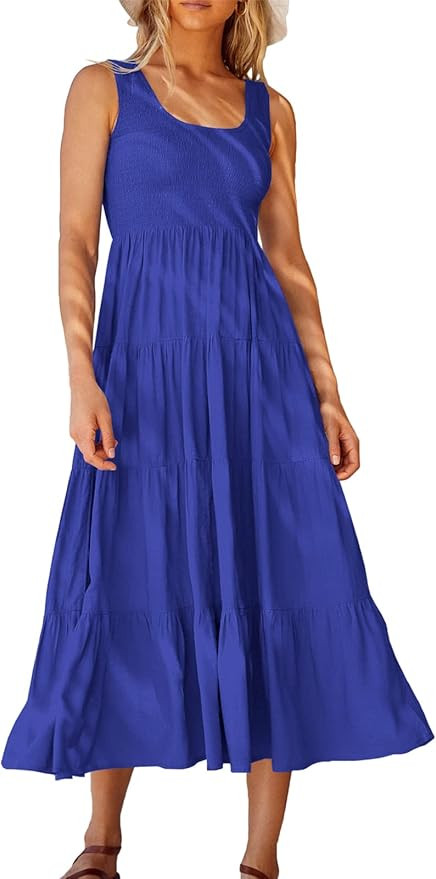 ANRABESS Women's Summer Sleevelesss Smocked Sundress Boho Ruffle Tiered Swing A Line Beach Midi D... | Amazon (US)