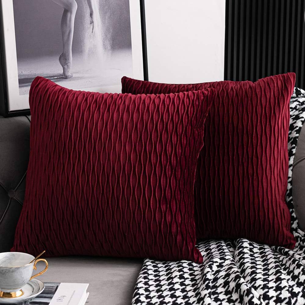 DEZENE Wine Red Throw Pillow Covers: 2 Pack 24x24 Inch Original Striped Velvet Square Decorative ... | Amazon (US)
