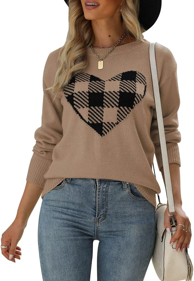 shermie Women's Pullover Sweaters Long Sleeve Crew Neck Cute Heart Knitted Casual Sweater | Amazon (US)
