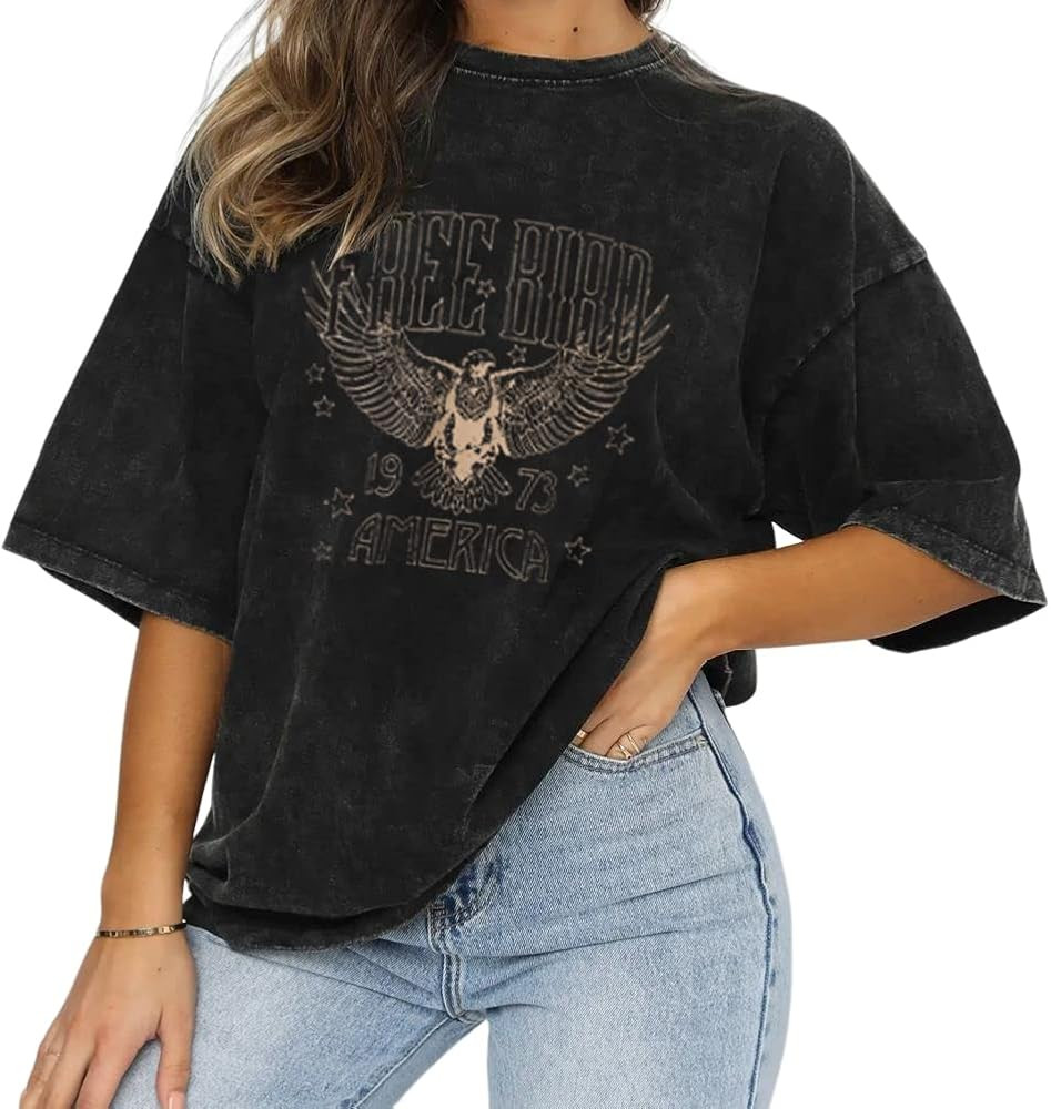 Vintage Rock Band T-Shirts for Women Retro Free Bird Eagle Graphic Country Music Tees Casual Loos... | Amazon (US)