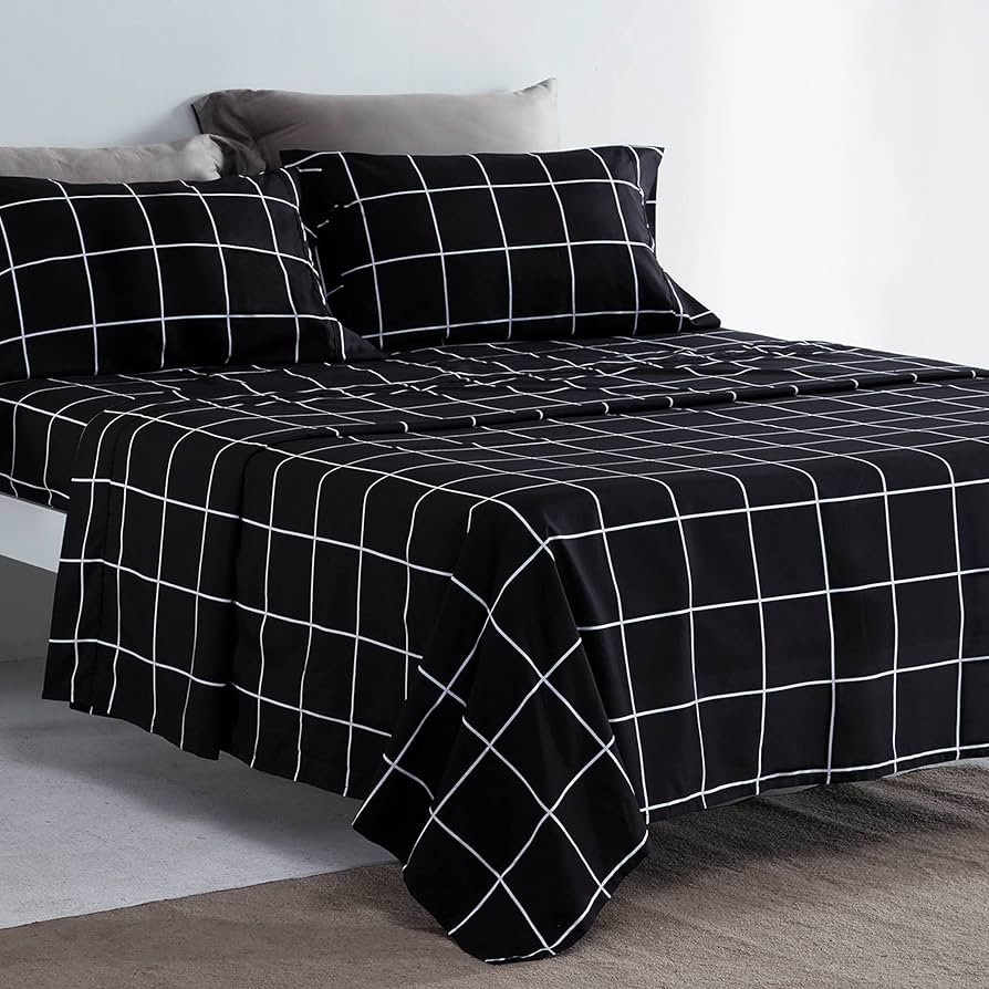 SLEEP ZONE Printed Plaid Queen Size Sheet Set 4 Piece - Double Brushed Microfiber Super Soft Brea... | Amazon (US)