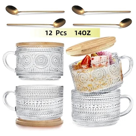 4PCS Vintage Glass Coffee Mugs with Bamboo Lids and Spoons,14oz Overnight Oats Containers Coffee Cups ,Double Glass Cups,Iced Coffee Glasses，Coffee Bar Accessories,Clear | Walmart (US)