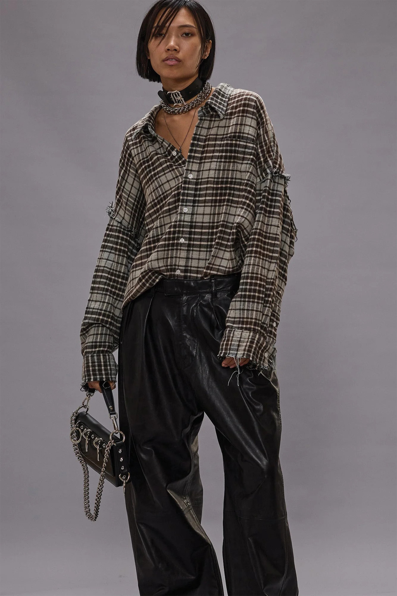 SHREDDED SEAM DROP NECK SHIRT - BLUE/GREY PLAID - R13 | R13