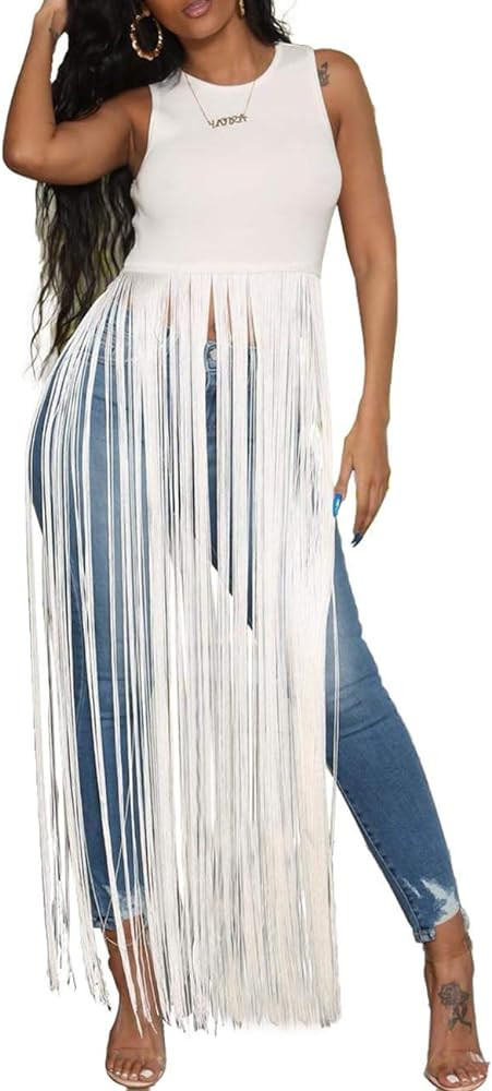 SEMATOMALA Women's Long Fringe Tassel Tank Tops Summer Sexy Sleeveless Flowy T Shirt Maxi Dress P... | Amazon (US)