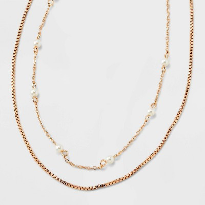 Gold 2 Row Clear Stone Pearl Ball Necklace - A New Day™ Gold: Boxed Chain, Lobster Claw Clasp, 17" Length, 3" Extender | Target
