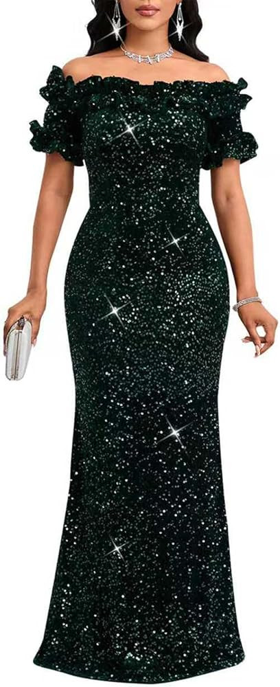 Women Sexy Sequin Off Shoulder Ruffle Short Sleeve Bodycon Mermaid Party Formal Evening Maxi Dres... | Amazon (US)