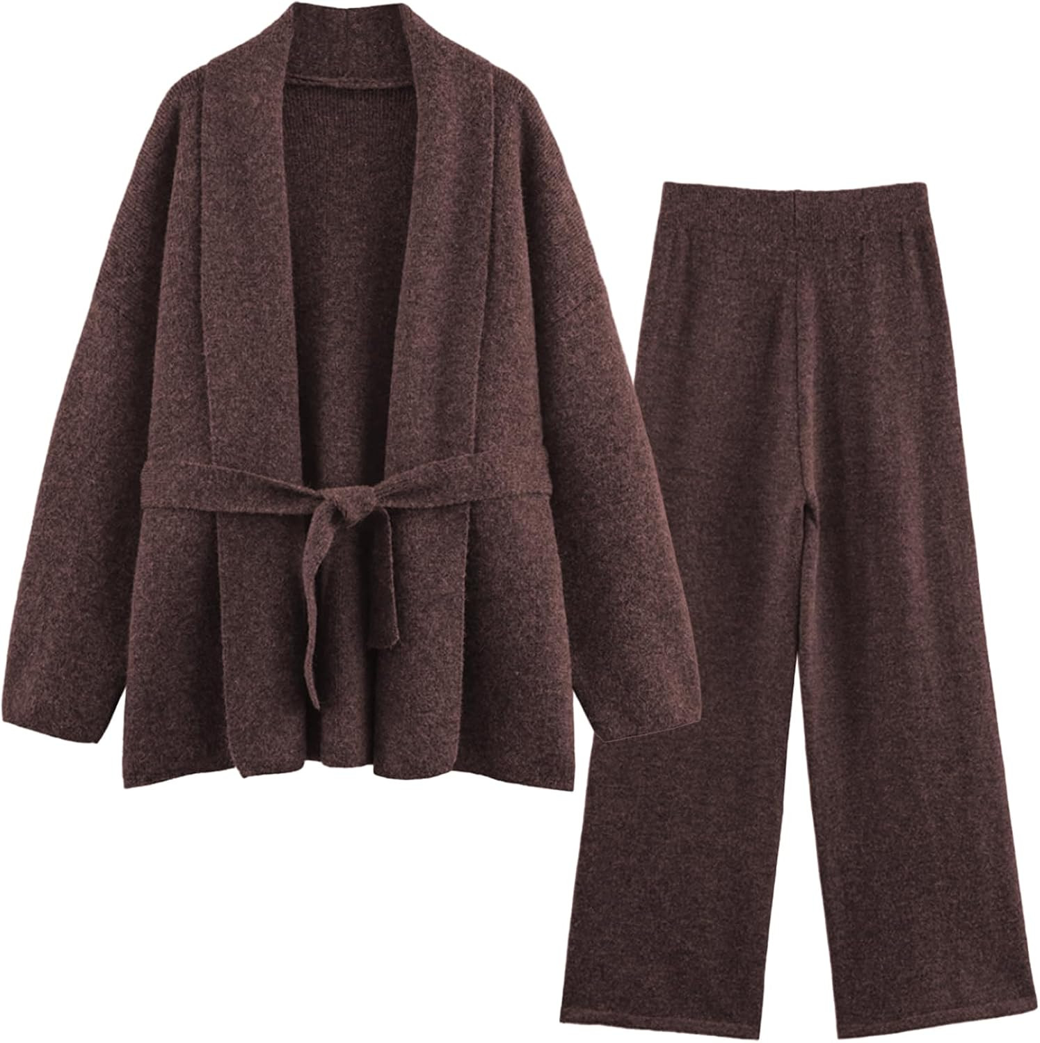 Women's 2 Piece Outfit Long Sleeve Belted Knit Cardigan Sweaters Elastic Waist Wide Leg Pants Casual Matching Set | Amazon (US)