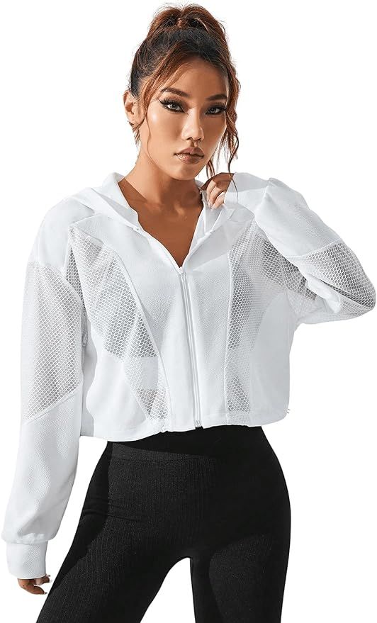 SweatyRocks Women's Activewear Long Sleeve Sheer Mesh Hooded Full Zip Sports Track Jacket | Amazon (US)