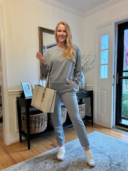 What to wear this spring

Sweatshirt and jogger set has the same Lululemon softstreme material for a fraction of the price. So soft and comfy. 
I sized up in both pieces.

Paired with cream white tote and sneakers

 Casual outfit idea of the day



#LTKfindsunder50 #LTKSeasonal