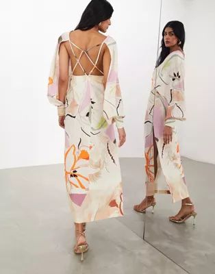 ASOS EDITION strapping detail maxi dress in stone arty floral | ASOS (Global)