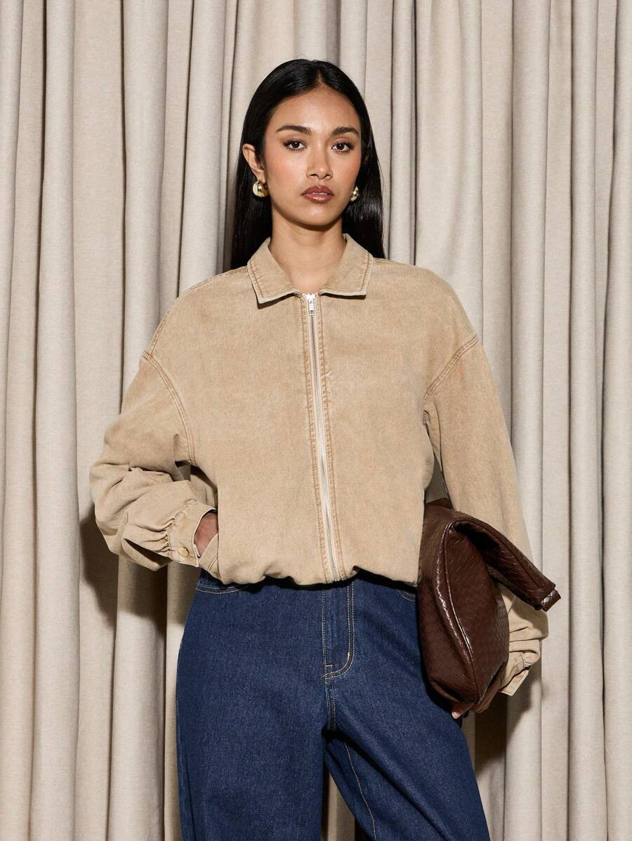 AiiRZ Collar Zip Up Denim Bomber Jacket | SHEIN