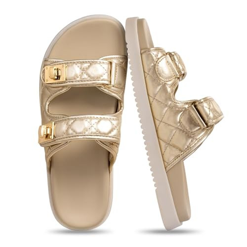 FITORY Women's Flat Sandals Classic Adjustable Double Strap Slip On Casual Summer Slide Size 8.5 Gold | Amazon (US)