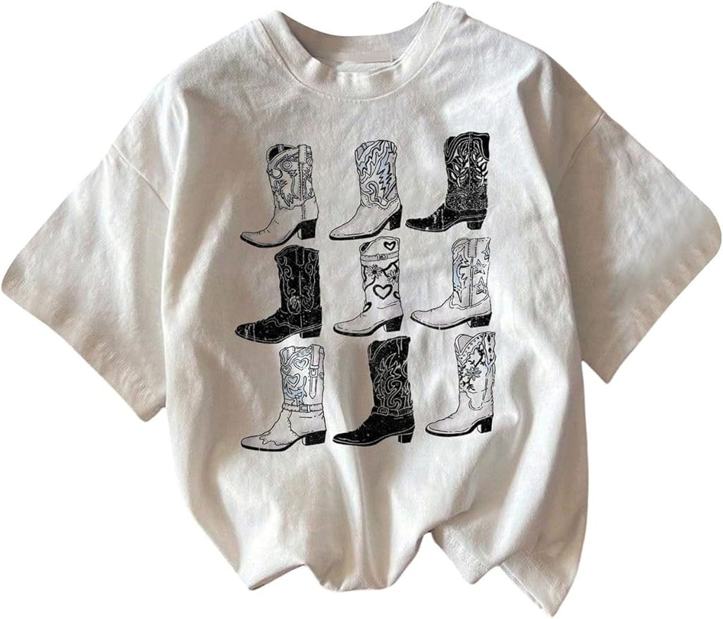 RoseSeek Women's Graphic Letter Tee Crew Neck Drop Shoulder Trendy Summer T Shirt Short Sleeve Vi... | Amazon (US)