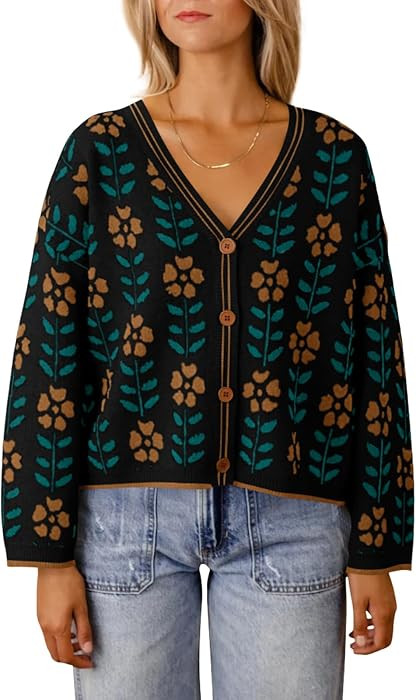 Saodimallsu Womens Floral Print V Neck Cardigan Open Front Button Down Knit Sweater Long Sleeve L... | Amazon (US)