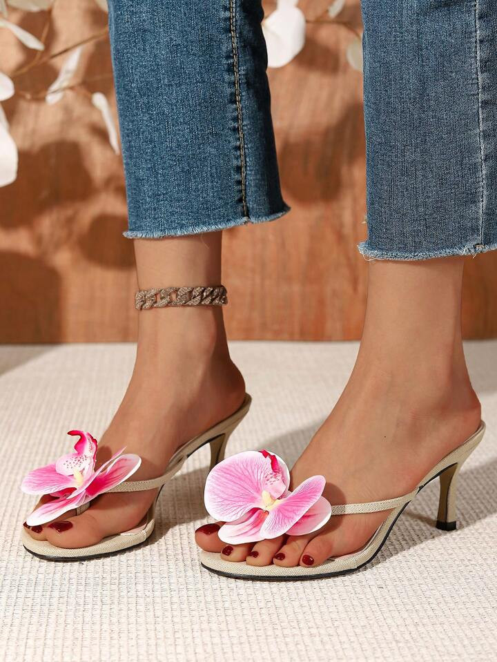 Women High Heels Round Toe 3D Floral Strap Clip Toe Sandals | SHEIN