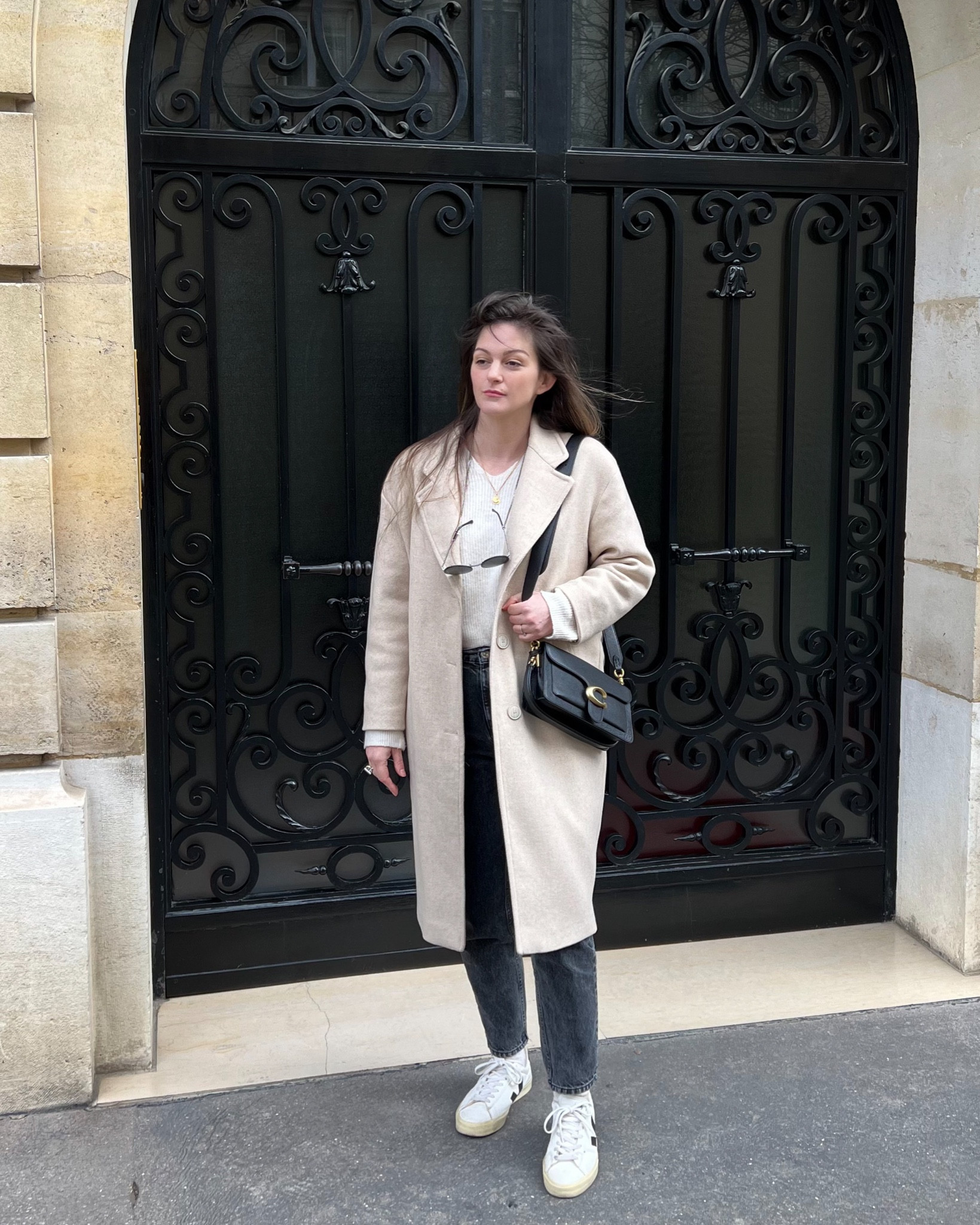 Beige coat, black mom jeans, veja campo and Chanel sunglasses for freezing day in Paris. 
#beigecoat #manteauecru #momjeans #blackmomjeans #coach #coachbag #tabby26 #coachtabby #beigesweater #pullbeige #pullecru #chanel #chanelsunglasses #chaneleyewear #veja #vejacampo 

#LTKFind #LTKeurope #LTKworkwear