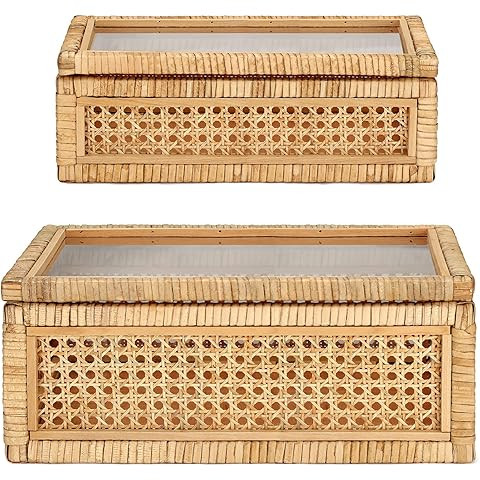 Creative Co-Op Modern Decorative Rectangle Woven Rattan and Wood Display Boxes with Glass Top, Se... | Amazon (US)