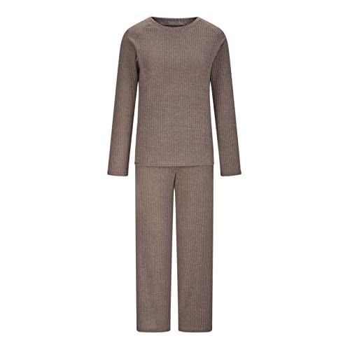 Deals Women's Knit 2 Piece Outfits Long Sleeve Sweater Tops Wide Leg Pants Lounge Set Tracksuits Fall Fleece Sweatshirts Sweat Shorts Coffee | Amazon (US)