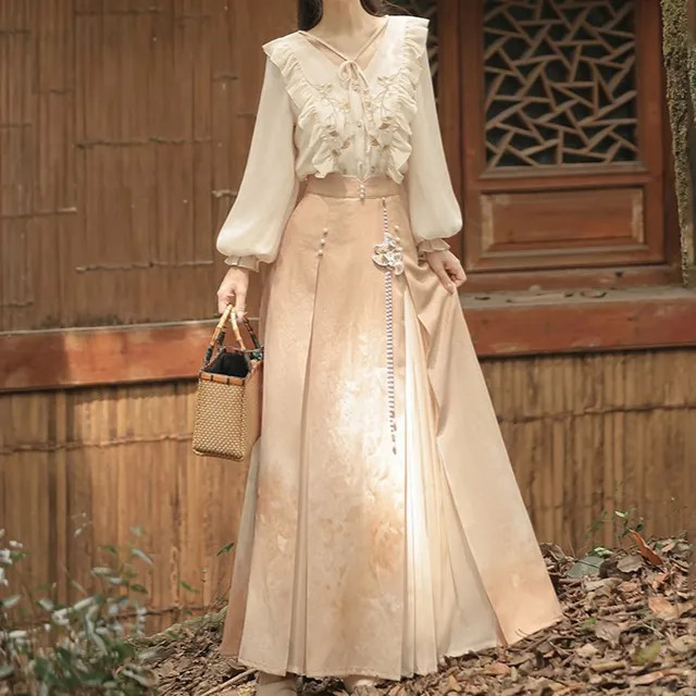 GOGO Girl - V-Neck Ruffle Trim Blouse / Midi Rise Plain Maxi A-Line Skirt / Set | YesStyle | YesStyle.com